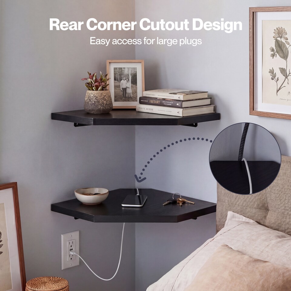 image 1 of Levede 2 Pack Wooden Floating Corner Shelves with Cable Cut Out