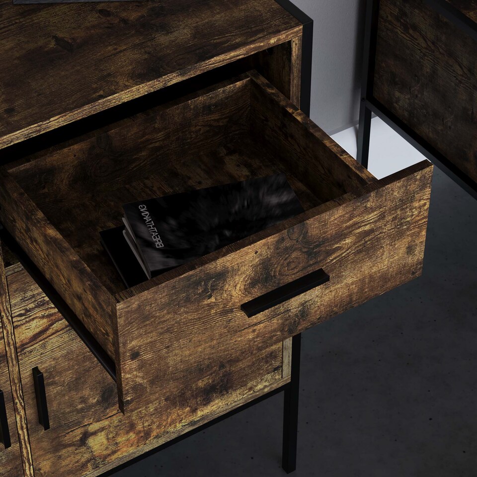 image 1 of Vida Designs Brooklyn 2 Door 2 Drawer Sideboard Industrial Buffet Cabinet Storage, Dark Wood | Black | Dark Wood | 1