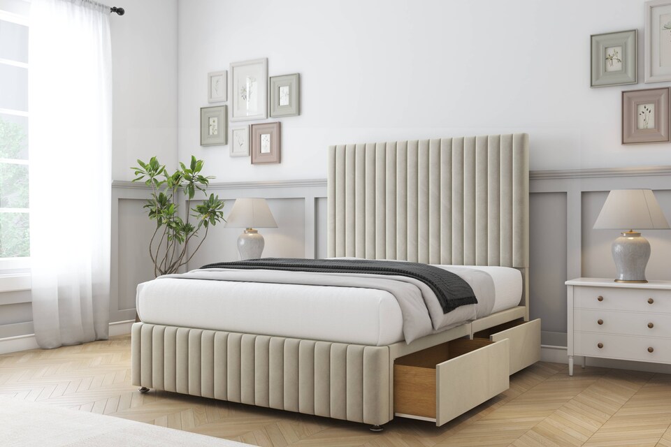 image 1 of Sloomy Madison Cream Plush Divan Bed Base No Drawers With 26 Inch Strutted Headboard & 12 Inch Matching Footboard | Cream | Cream | Small Double | 1