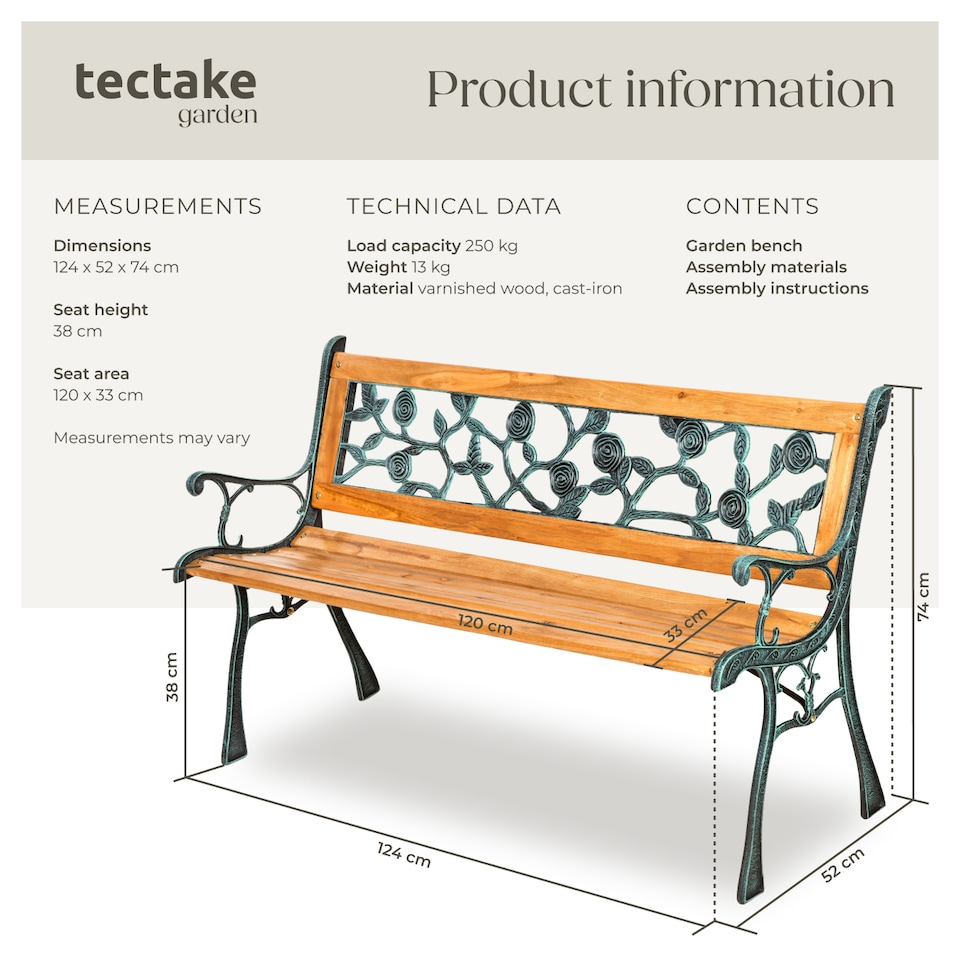 image 1 of Garden Bench Marina - 2-seater, wood and cast iron, 124 x 52 x 74 cm | Brown | brown | 1