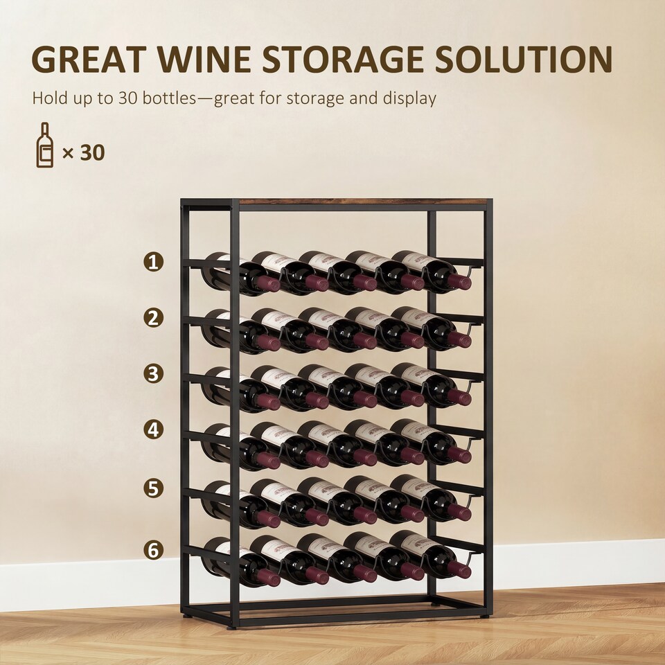 image 1 of HOMCOM 30 Bottles Wine Rack, 6 Tier Wine Storage Holder, Rustic Brown