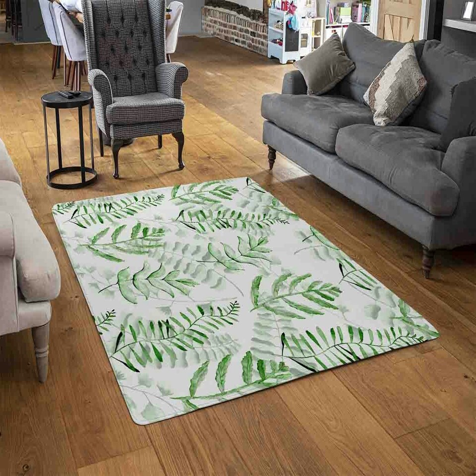 image 1 of Green Fern Watercolour Rug Green | L