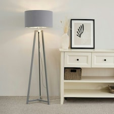 ValueLights Lottie Grey Wood Tripod Floor Lamp with Grey and Chrome Drum Shade