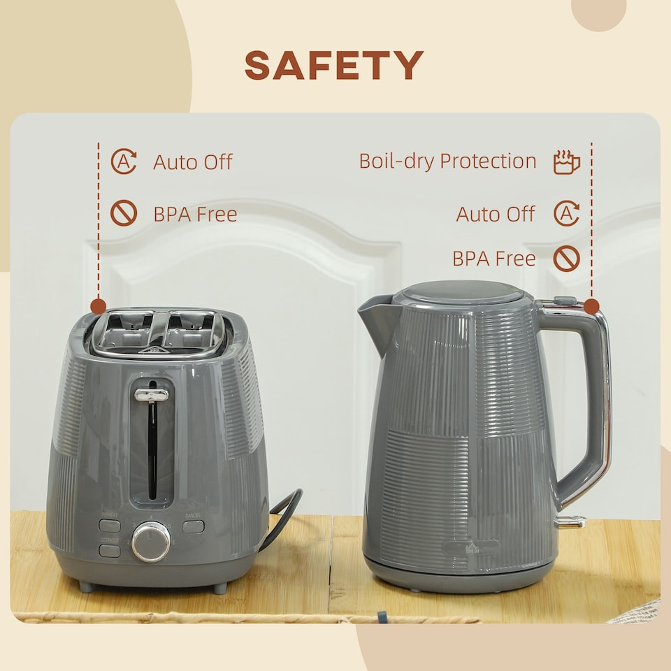 image 1 of HOMCOM 1.7L Fast Boil Electric Kettle and 2 Slice Water Toaster Set, Grey