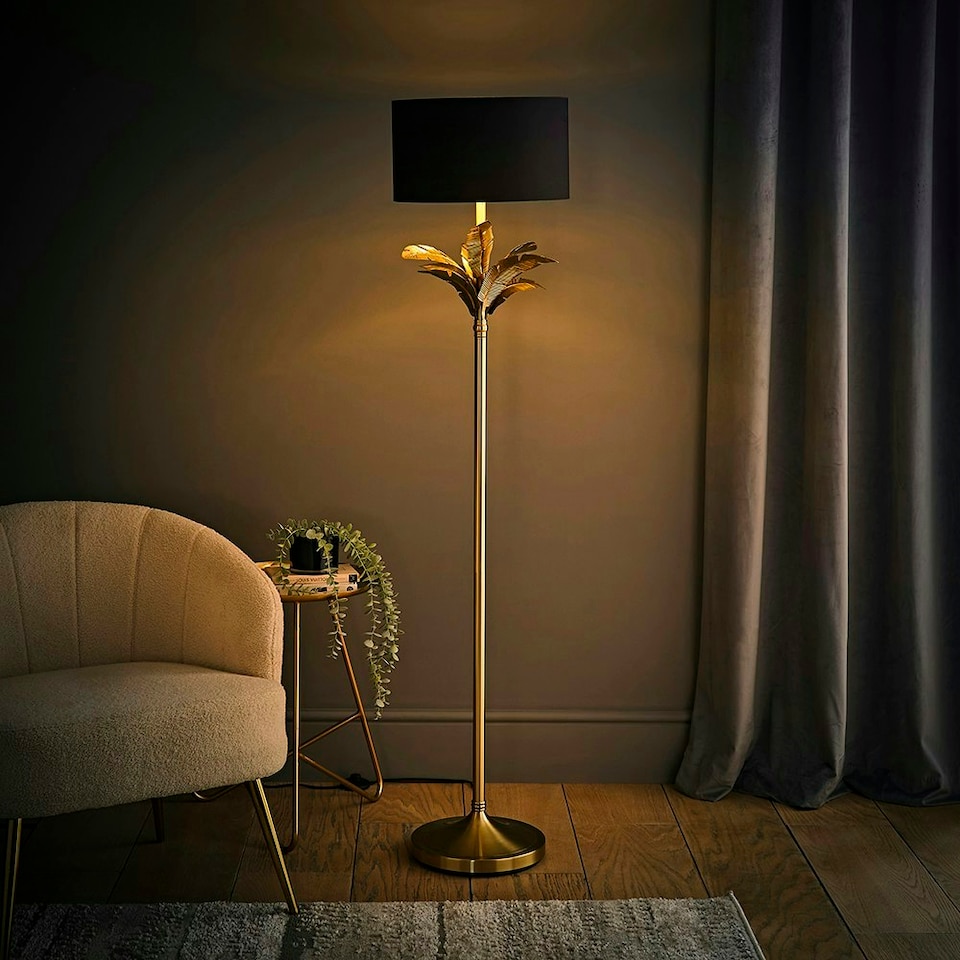 image 1 of ValueLights Christina Black with Metallic Gold Drum Shade Gold Palm Leaf Floor Lamp and Bulb Gold