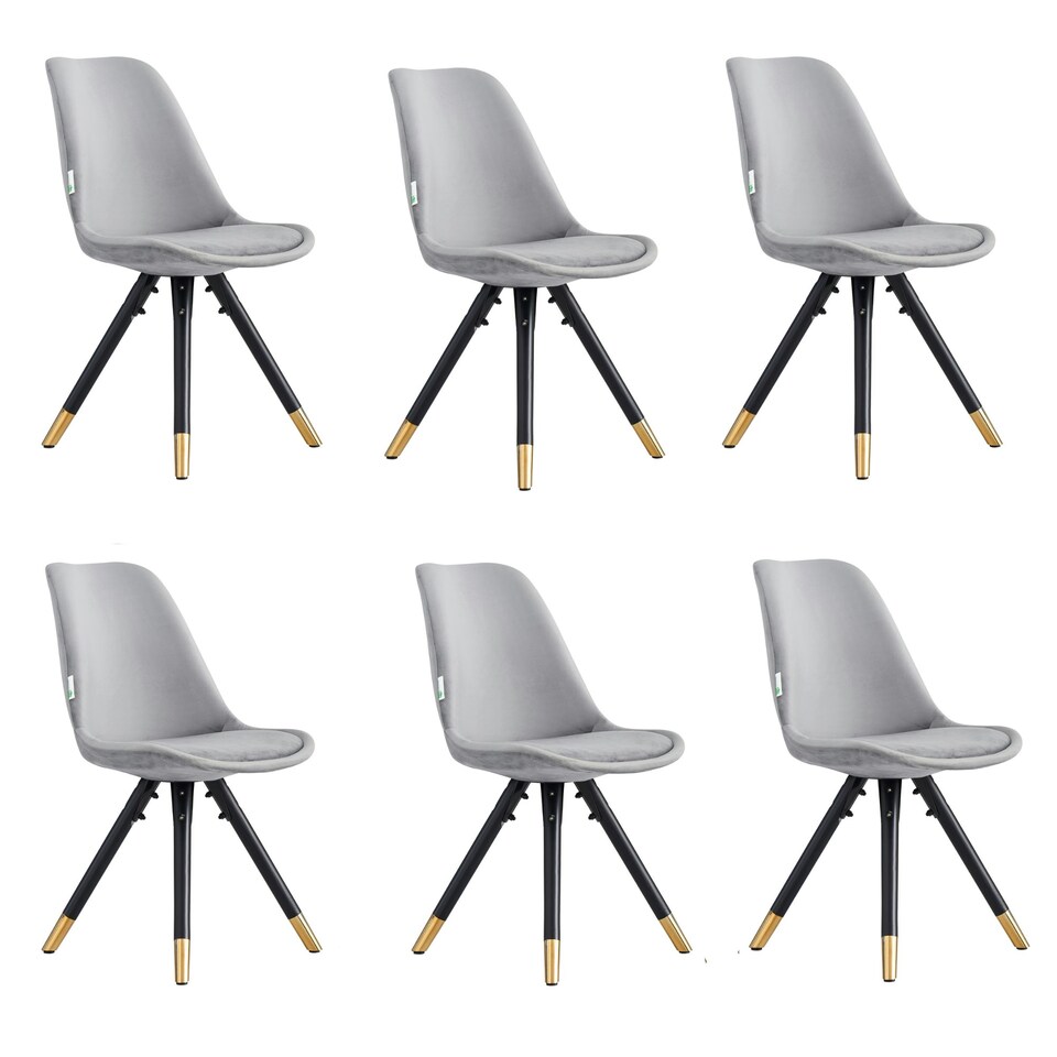 image 1 of Set of 6 Sofia Ergonomic Modern Dining Chairs Upholstered in Velvet, Metal Legs with Gold End Tips Grey | Light Grey