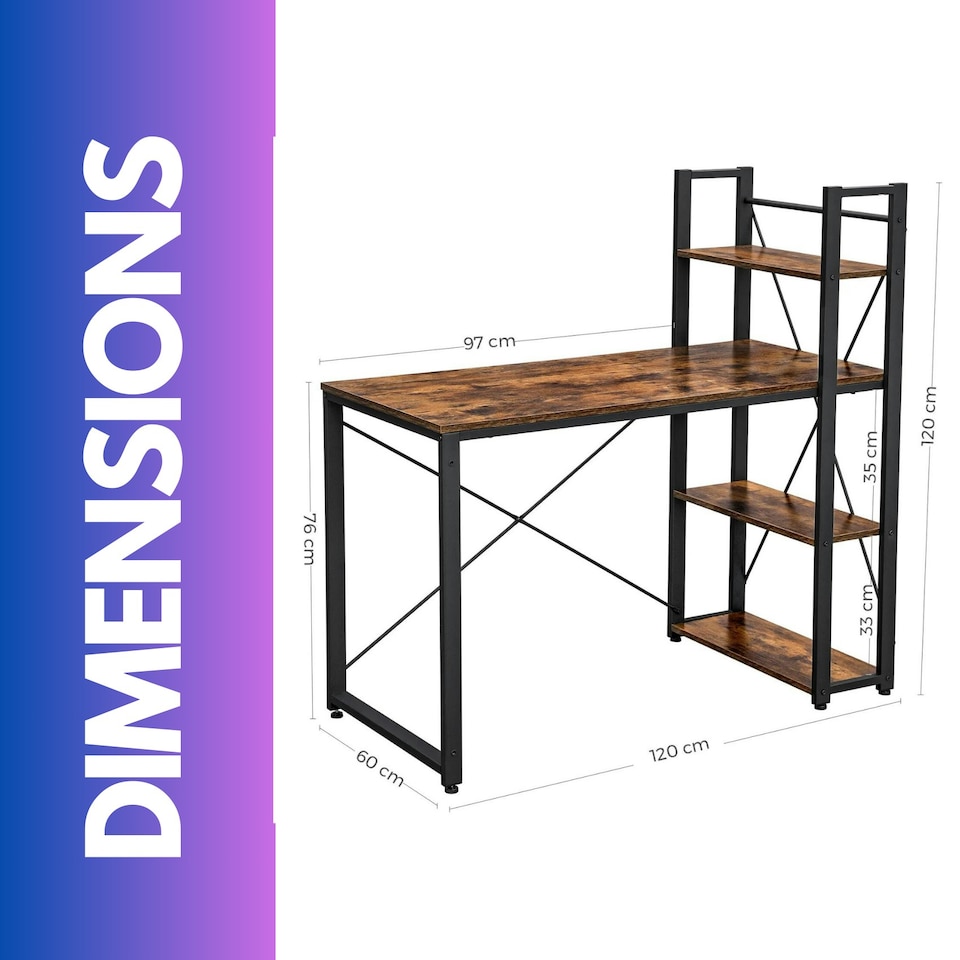 image 1 of 97CM Wide Computer Desk With 3 Shelves Rustic Brown Brown