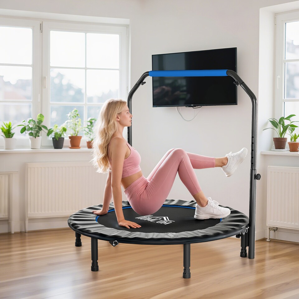 image 1 of HOMCOM 48" Foldable Mini Trampoline Fitness Trampoline Rebounder for Adults with Adjustable Foam Handle, for Indoors, Outdoors, Cardio Training, Blue | Blue