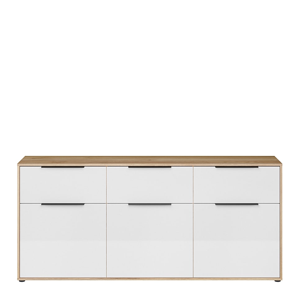 image 1 of Orkney 3 Drawer Sideboard with 3 Doors in Mauvella Oak and White Gloss