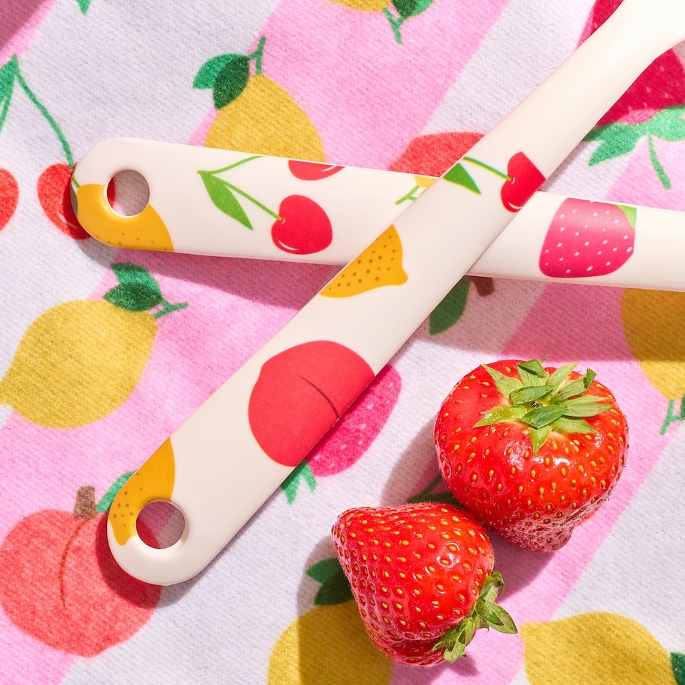 image 1 of OHS Summer Print Plastic Picnic Salad Bowl Utensil Set Lightweight | Pink | Bright Fruits