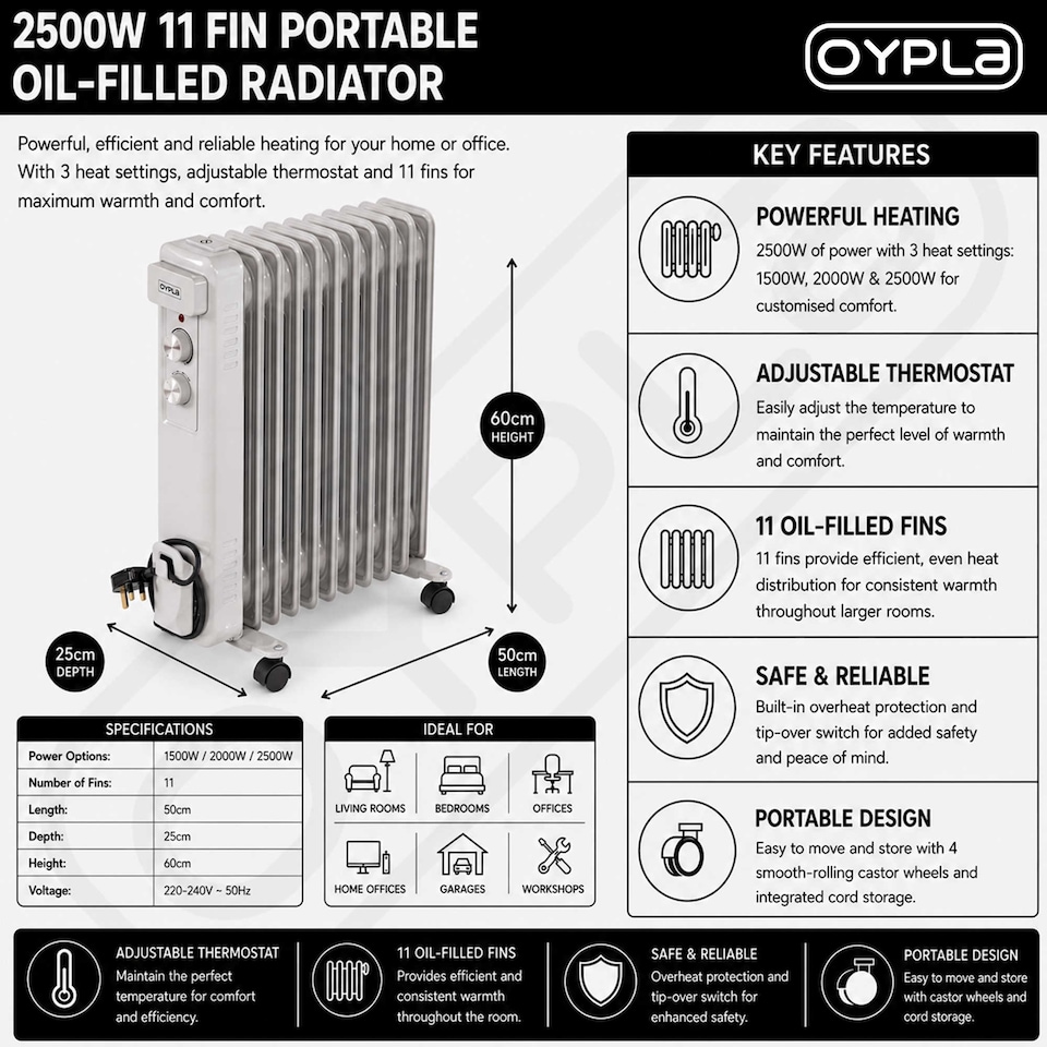 image 1 of 2500W 11 Fin Portable Oil Filled Radiator Electric Heater