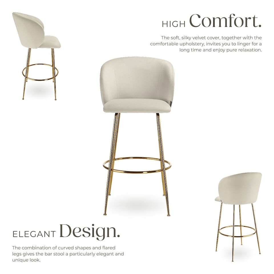 image 1 of Bar Stool Luana - with backrest, velvet look and padded | Cream | cream/gold | 60 x 51 x 106 cm | 2