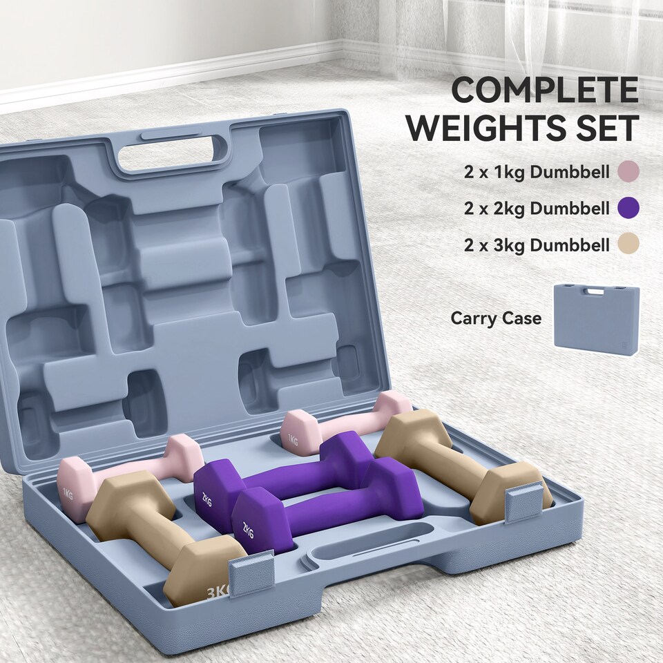 image 1 of SPORTNOW 12kg Hex Dumbbells Set with Carry Case, 2 x 1kg, 2 x 2kg, 2 x 3kg