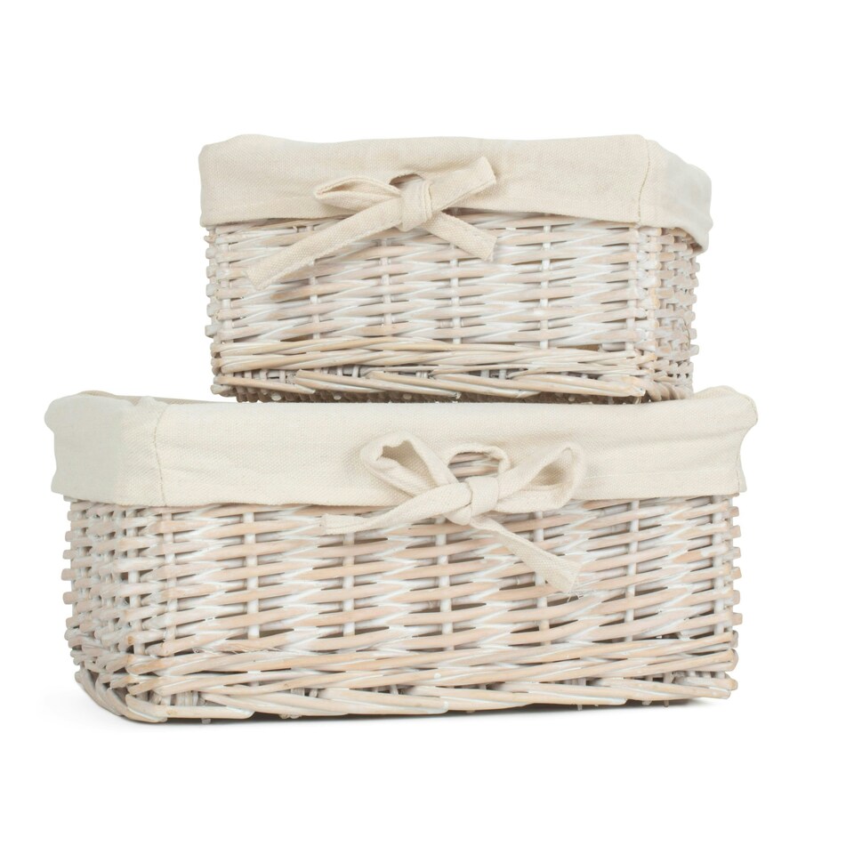 image 1 of Set of 2 White Wash Finish Cotton Lined Willow Tray White