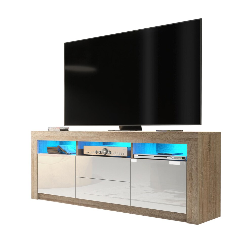 image 1 of TV Unit TV Stand Cabinet Sideboard Oak White High Gloss Doors Free LED 160cm