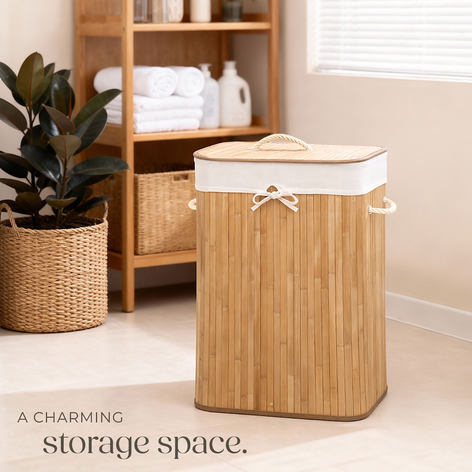image 1 of Laundry Basket - washing hamper with lid, removable laundry bag, 2 handles | Brown | beige | 72 L | 1