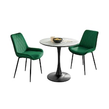 Furniturebox Elina White Marble Effect Round Dining Table & 2 Green Pesaro Black Leg Chairs