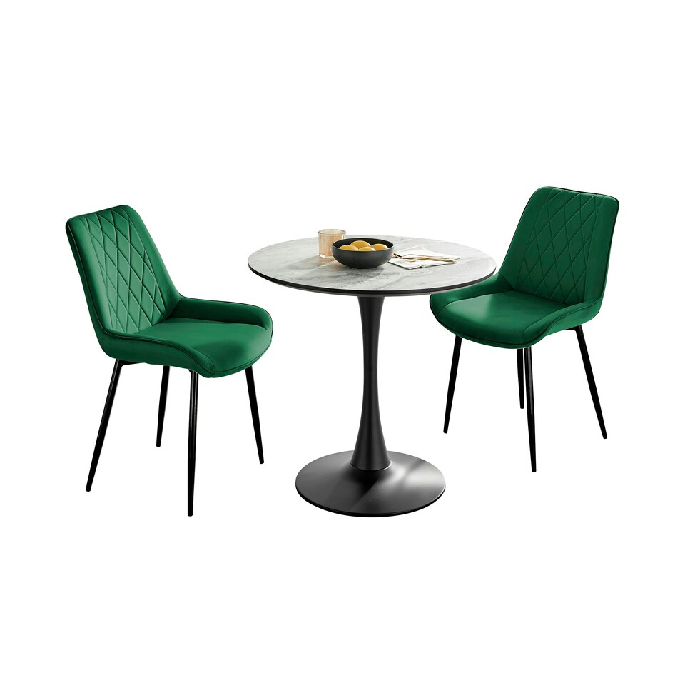 image 1 of Furniturebox Elina White Marble Effect Round Dining Table & 2 Green Pesaro Black Leg Chairs