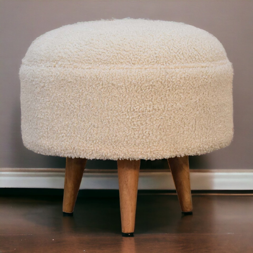 image 1 of Artisan Furniture Solid Wood Cream Boucle Rounded Footstool, Upholstered, Brown and Cream
