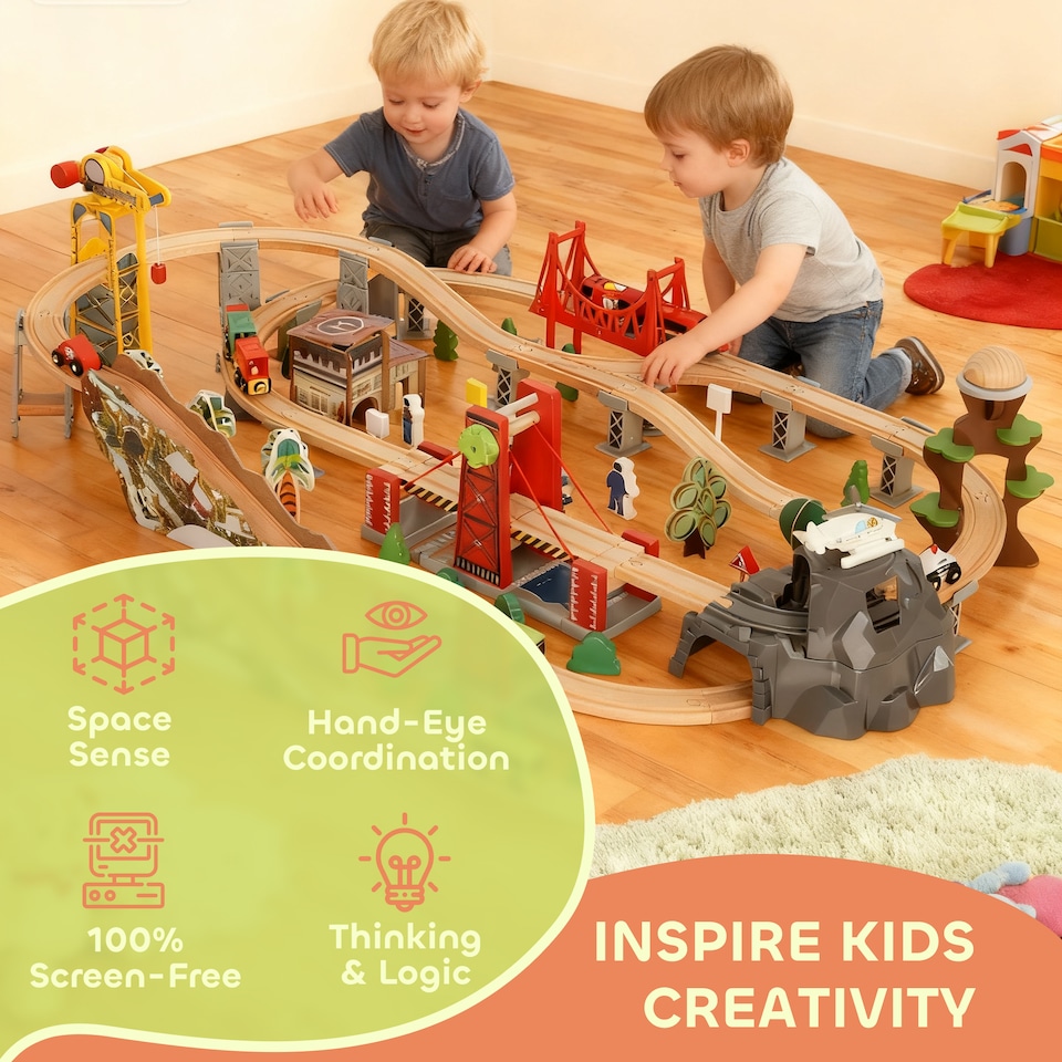 image 1 of AIYAPLAY Wooden Train Set, 100 Piece Train Track Toy for 3+ Years Kids, Boys & Girls, Magnetic Wooden Railway Toys with Crane, Bridge, Helicopter, STEM-Inspired Gift for Toddlers