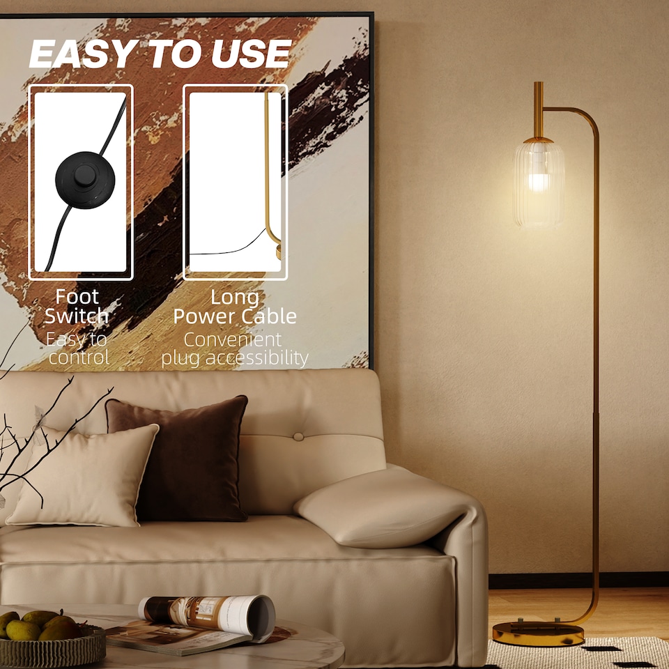 image 1 of HOMCOM Floor Lamp for Living Room with Glass Lampshade, Modern Standing Lamp with Foot Switch for Bedroom, Bulb not Included, Gold Tone