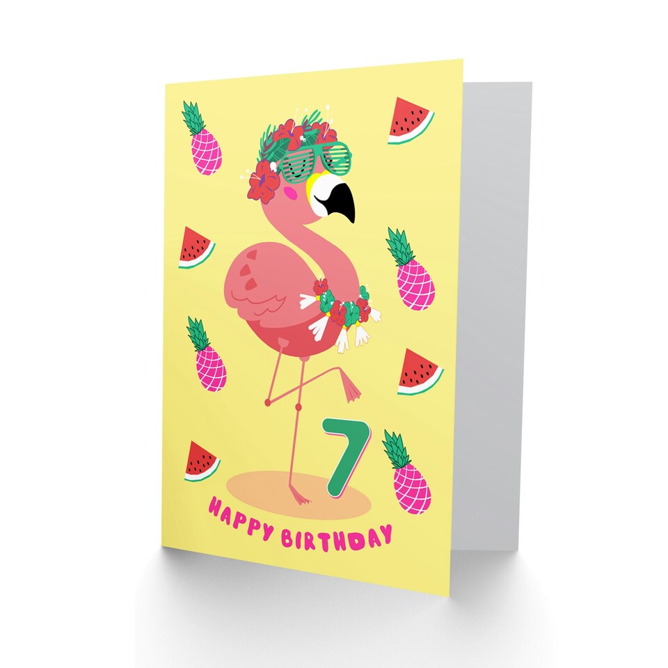 image 1 of Flamingo Fruit Fun Cartoon Age 7 Year Old Child Kids 7th Birthday Card