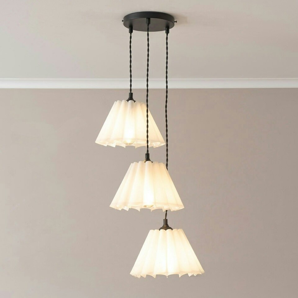 image 1 of ValueLights Lauren White Pleated 3 Drop Cluster Matte Black Ceiling Pendant Light with Bulbs Black