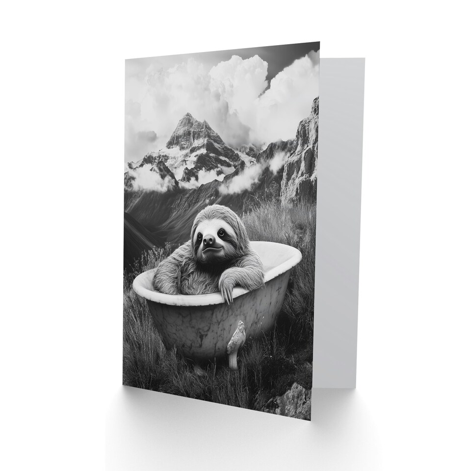 image 1 of Sloth in Bathtub on Mountain Black White Surreal Birthday Greeting Card
