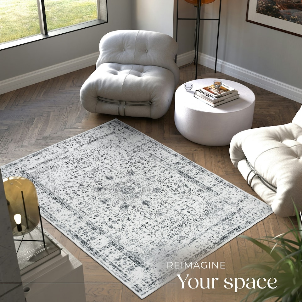 image 1 of Washable Rug Aliya - different sizes, oriental pattern, non-slip underside, non-allergenic short pile Grey | 230 x 160 cm