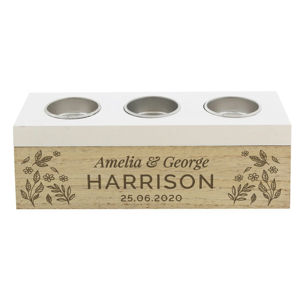 image 1 of Personalised Floral Triple Tea Light Box Brown