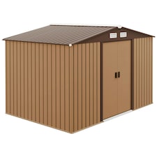 Outsunny 9 x 6FT Galvanised Garden Storage Shed w/Sliding Door, Light Brown