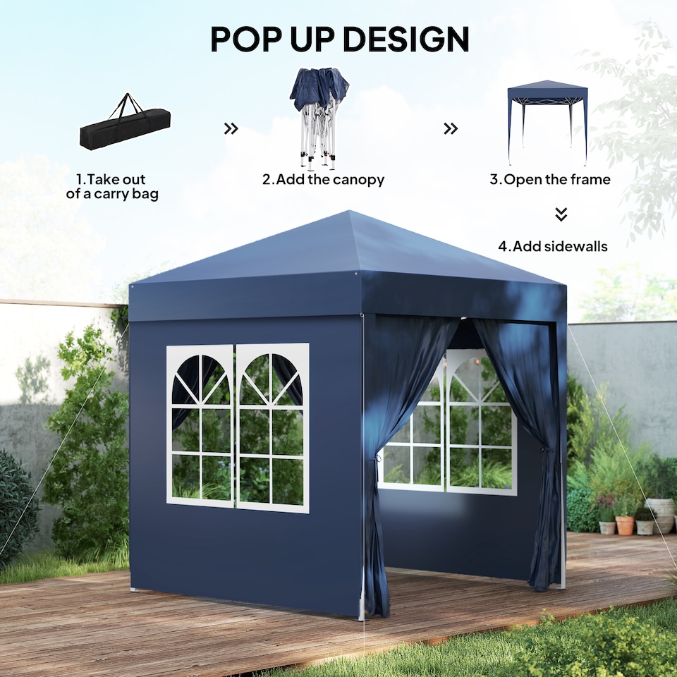 image 1 of Outsunny 2 x 2 m Garden Pop Up Gazebo, Wedding Party Tent Marquee, Water Resistant Awning Canopy with Sidewalls, Windows, Carry Bag, Blue