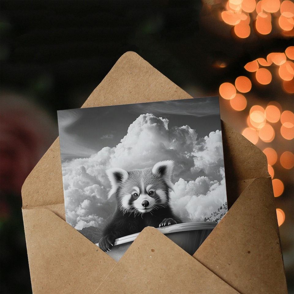 image 1 of Red Panda in Bathtub on Hill Black White Surreal Birthday Greeting Card