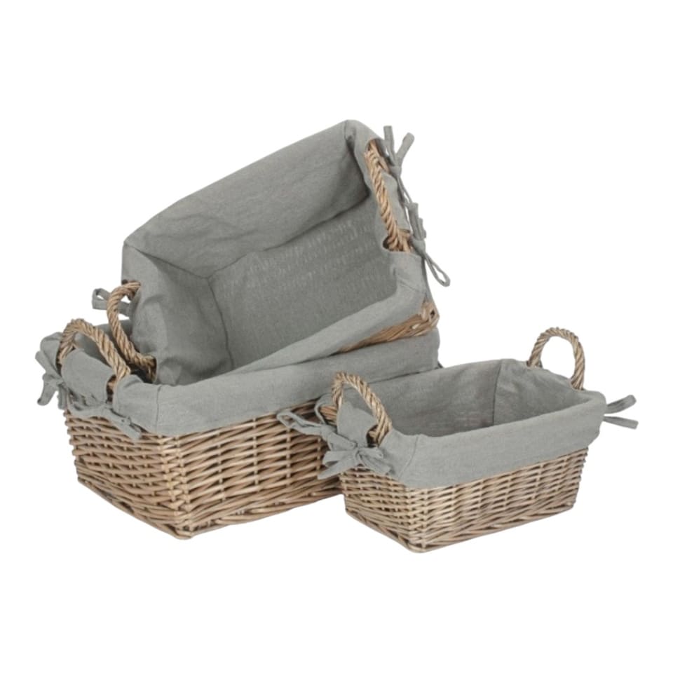 image 1 of Set of Three Wicker Antique Wash Finish Handled Grey Cotton Lining Storage Basket | Grey | Grey | Not provided