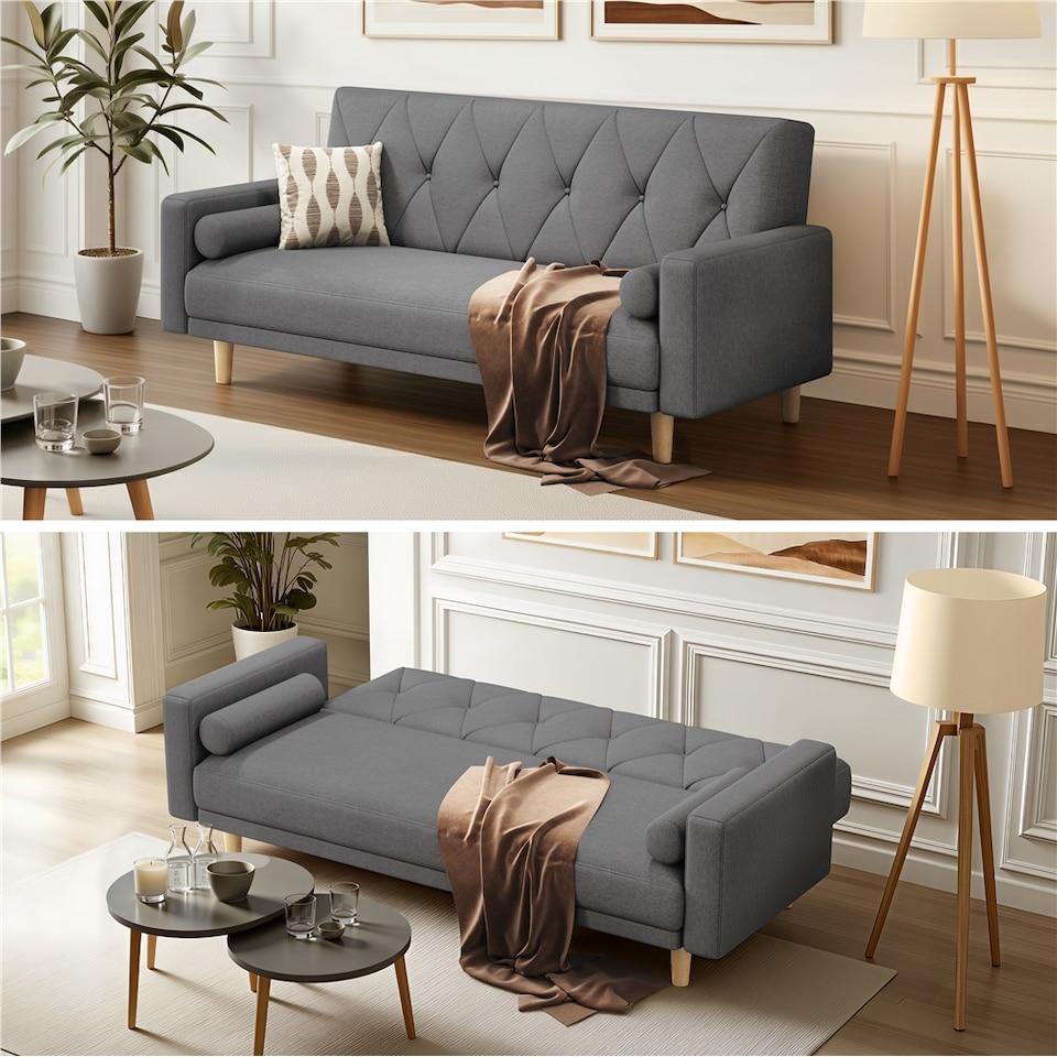 image 1 of Yaheetech Fabric Convertible Sofa Bed with 2 Bolster Pillows-Dark Grey