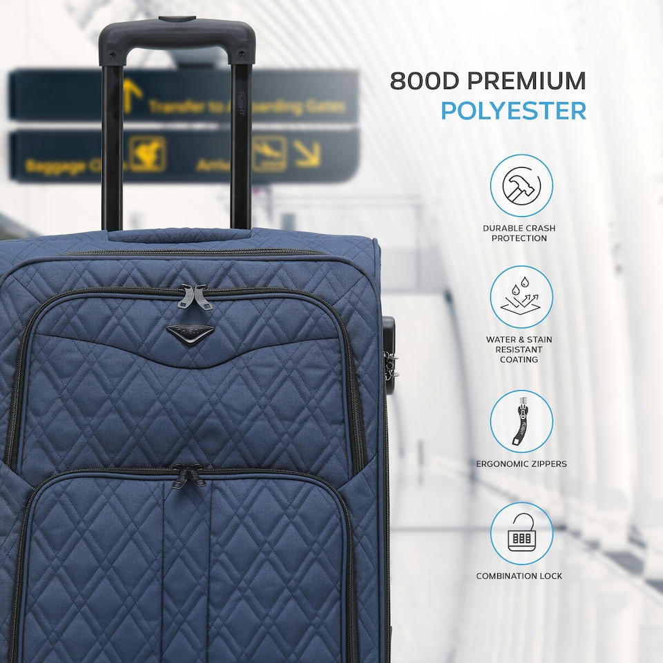 image 1 of Flight Knight Lightweight 4 Wheel 800D Soft Case Quilted Suitcases Anti Crack Cabin & Hold Luggage Options 100+ Airlines Approved - easyJet, BA & Many More! Blue | Navy | Medium