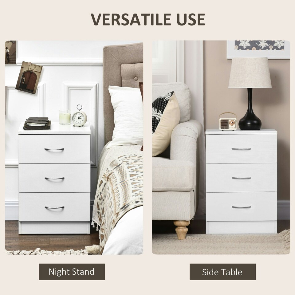 image 1 of HOMCOM Modern 3 Drawers Side Cabinet Wooden Bedside Table White