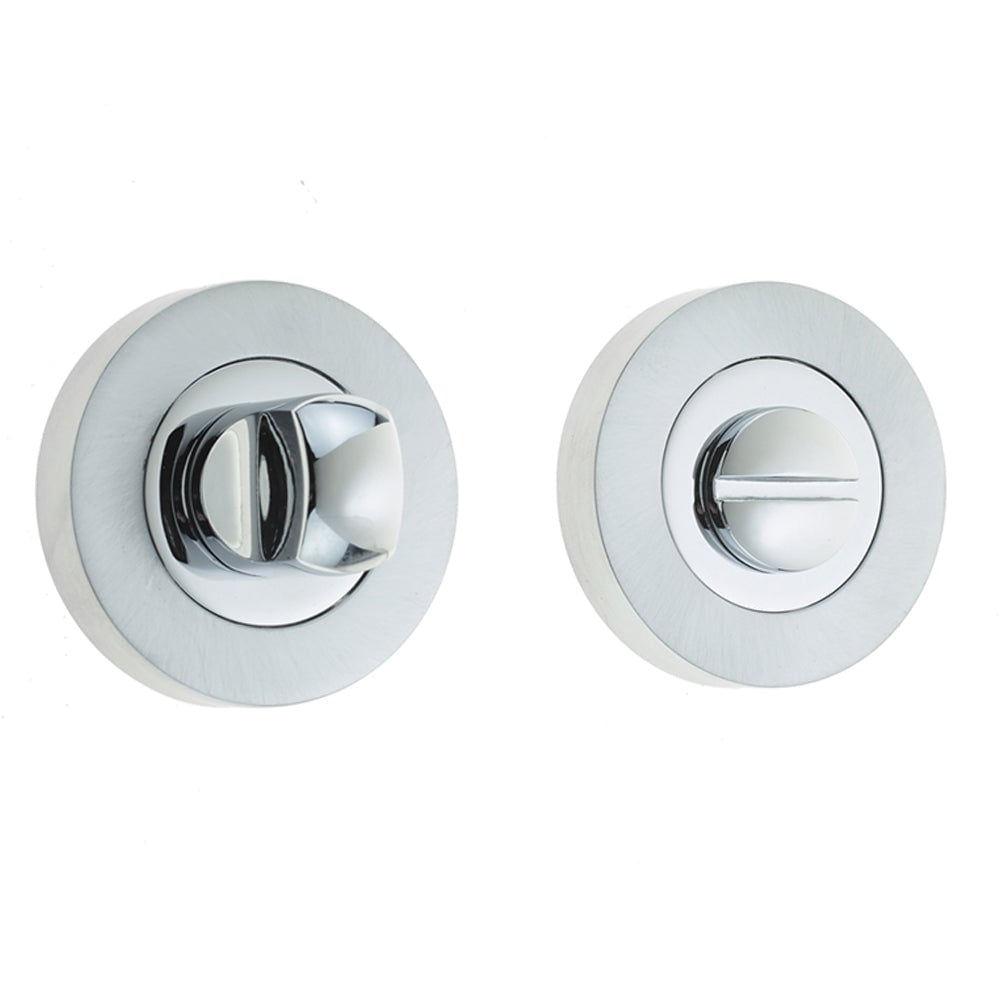 Premium Dual Turns & Releases 50mm Round Rose Polished Chrome and Satin Chrome Privacy Lock - Door Handle