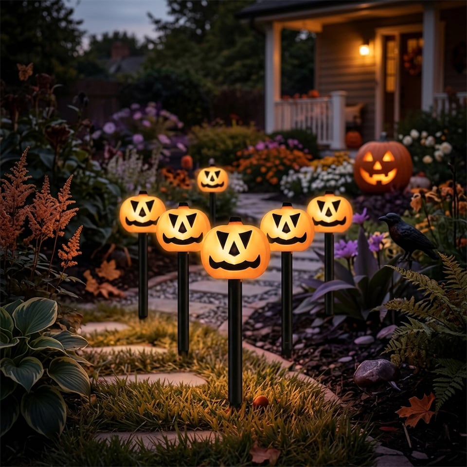 image 1 of Light Up Pumpkin Stakes Halloween Garden Decorations - Pack of 5