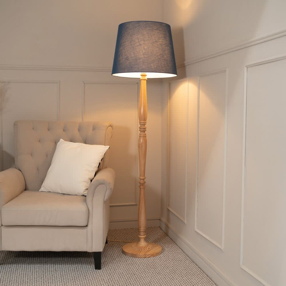 image 1 of ValueLights Victoria Light Wood Floor Lamp Navy Blue Taper Shade | Brown | Navy