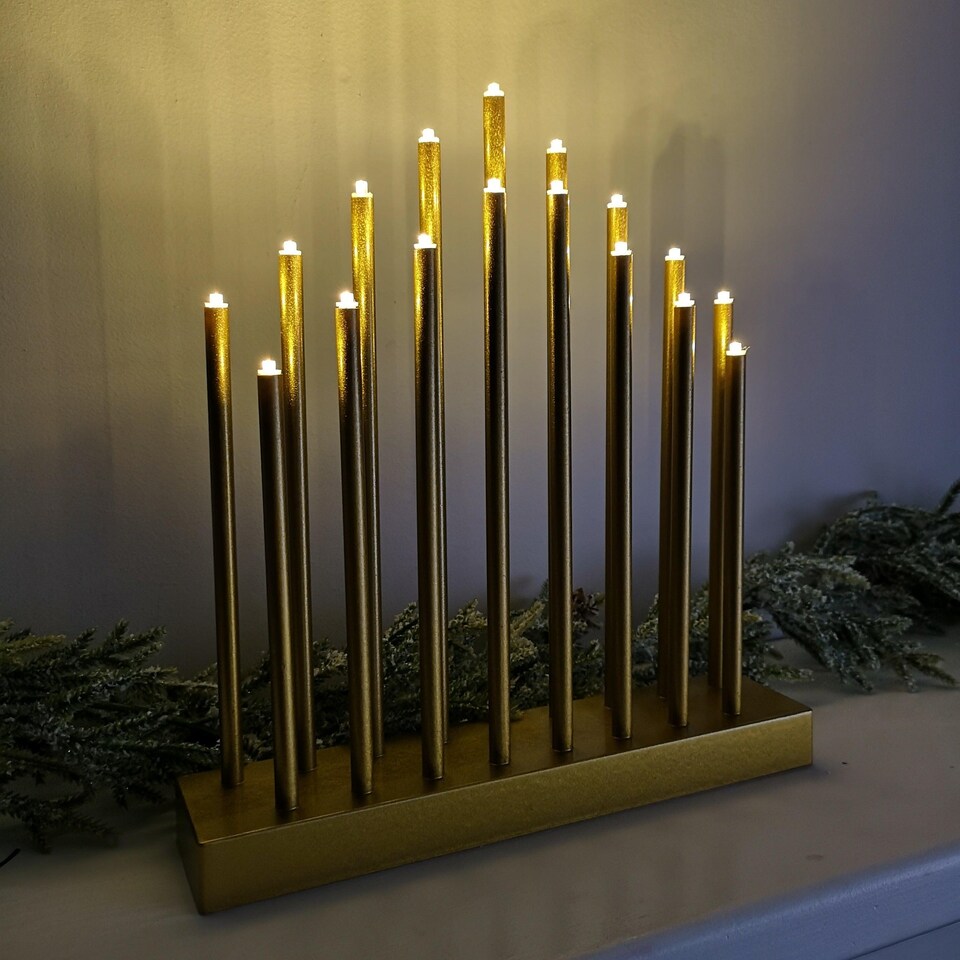 image 1 of 29cm Premier Christmas  Candle Bridge with 17 LEDs & Timer in Gold Battery Operated