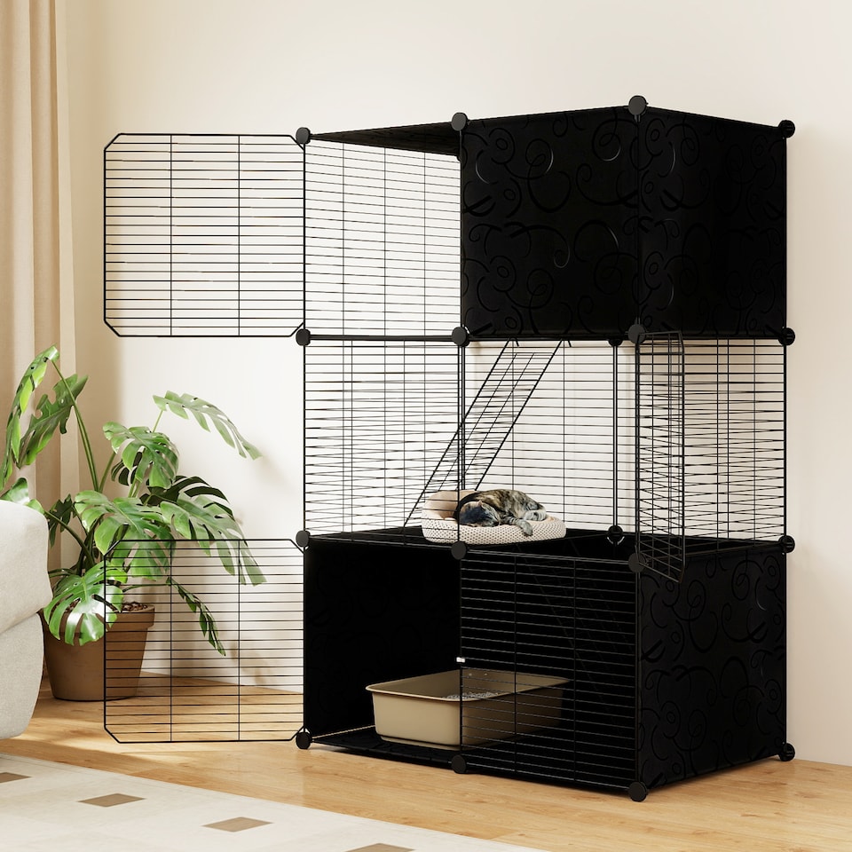 image 1 of COSTWAY Large Cat Cage 3-Tier Indoor Metal Wire Kitten Enclosure-Black
