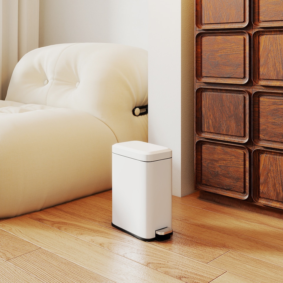 image 1 of HOMCOM 5L Rectangular Compact Bin Steel Body Removable Bucket Quiet-Close Lid w Pedal Lid Rubbish Trash Can Home Office Bedroom Bathroom Living Room Garbage Tidy Clean White | White | 1