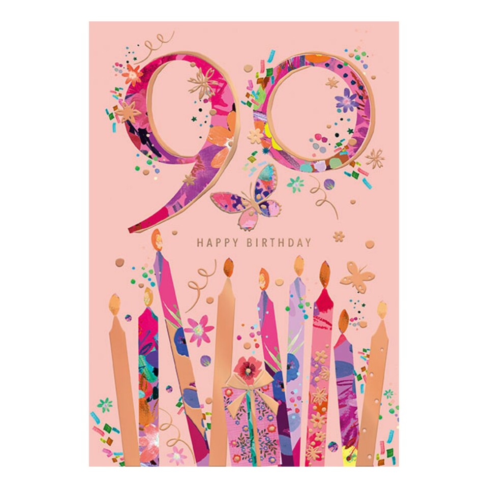 image 1 of Words 'n' Wishes 90th Birthday Card for Her, Patterned & Foiled Large Number With Candles, Multicoloured, 22 x 15.8 cms