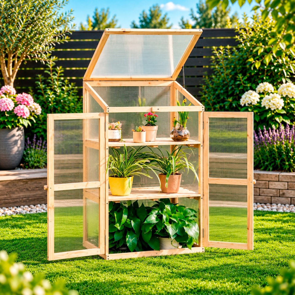 image 1 of Neo Mini Wooden Greenhouse Cold Frame Garden Flower Vegetable Planting Box Growhouse