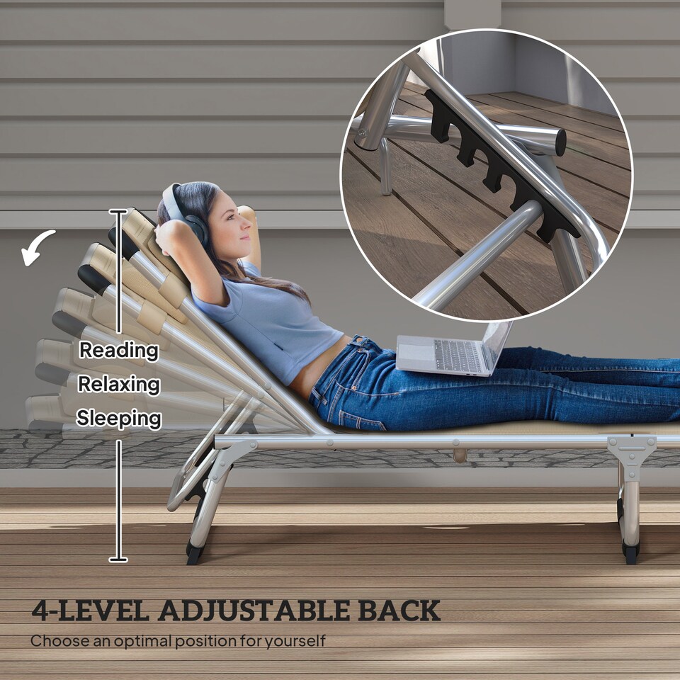 image 1 of Outsunny Foldable Outdoor Sun Lounger, Reclining Lounge Chair Camping Bed Cot with Pillow 4-Level Adjustable Back Aluminium Frame, Khaki