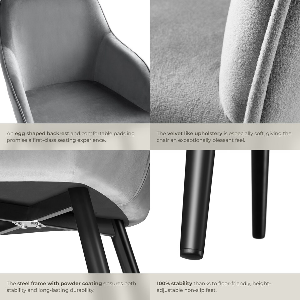image 1 of Dining Chair Marilyn - with armrests, padded, velvet look, black steel legs | Grey | grey/black | One Size | 2