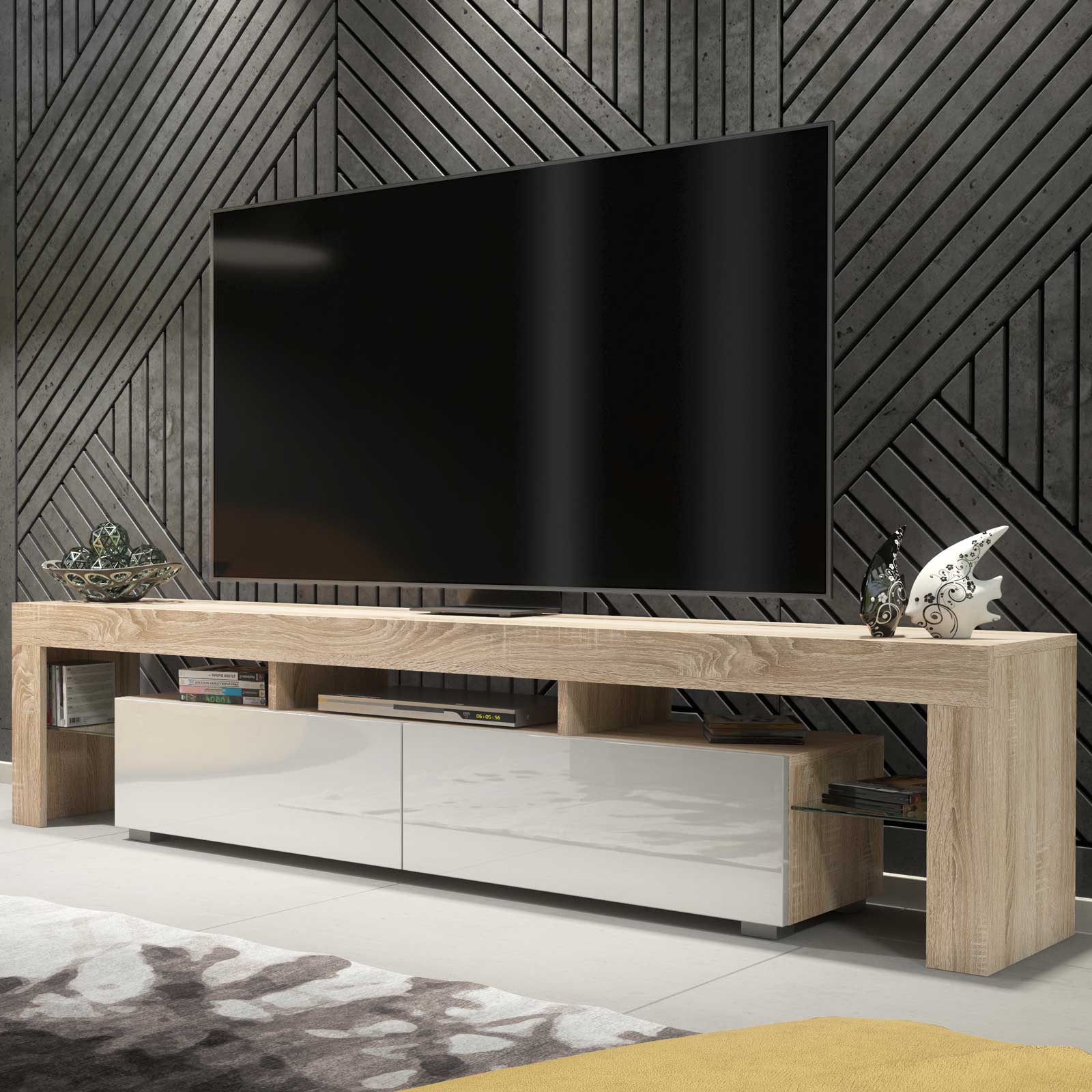 TV Stand TV Unit Cabinet Sideboard Media Cabinet Storage Oak White High Gloss 200cm