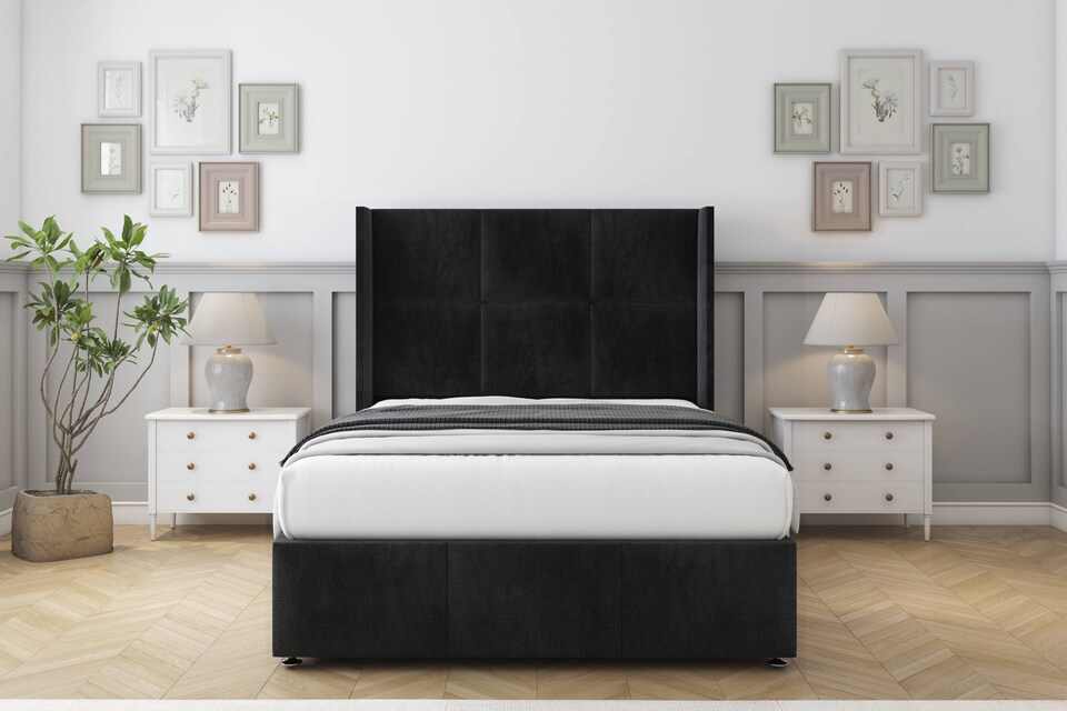 image 1 of Sloomy Beaumont Black Naples Divan Bed With Mattress 2 Drawers Footend With 54" Wingback Headboard & 12" Matching Footboard 4' Small Double | Black | Black | Small Double | 1
