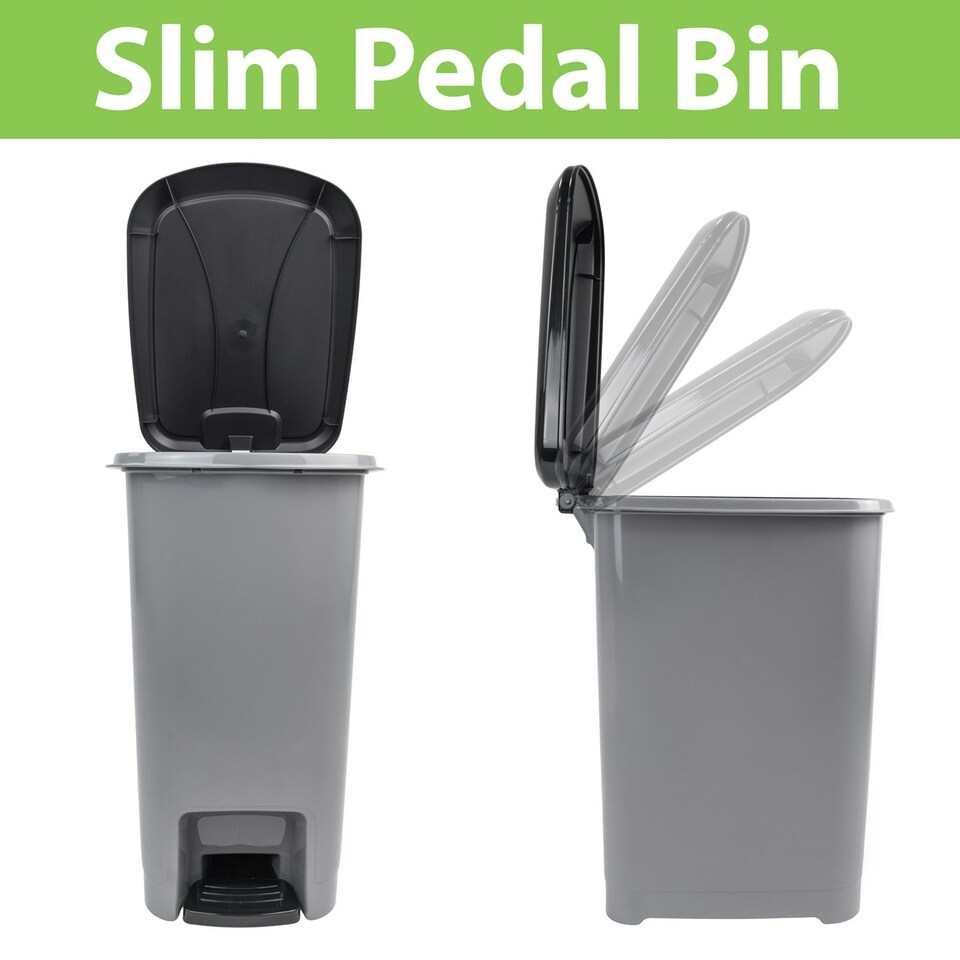 image 1 of JVL Slim Plastic Lidded Foot Pedal Waste Bin, 60L, Grey Grey